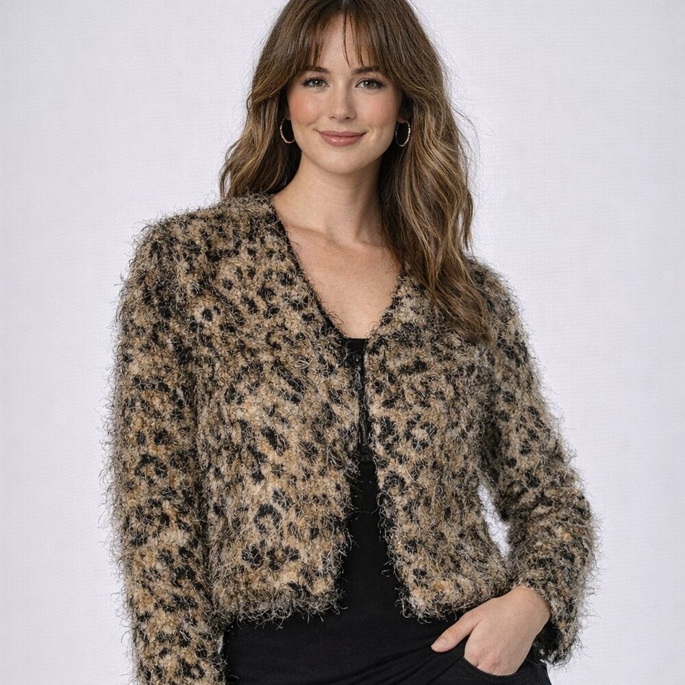 Joseph Ribkoff Fuzzy Leopard Cropped Jacket | Textured Animal Print | Size 10